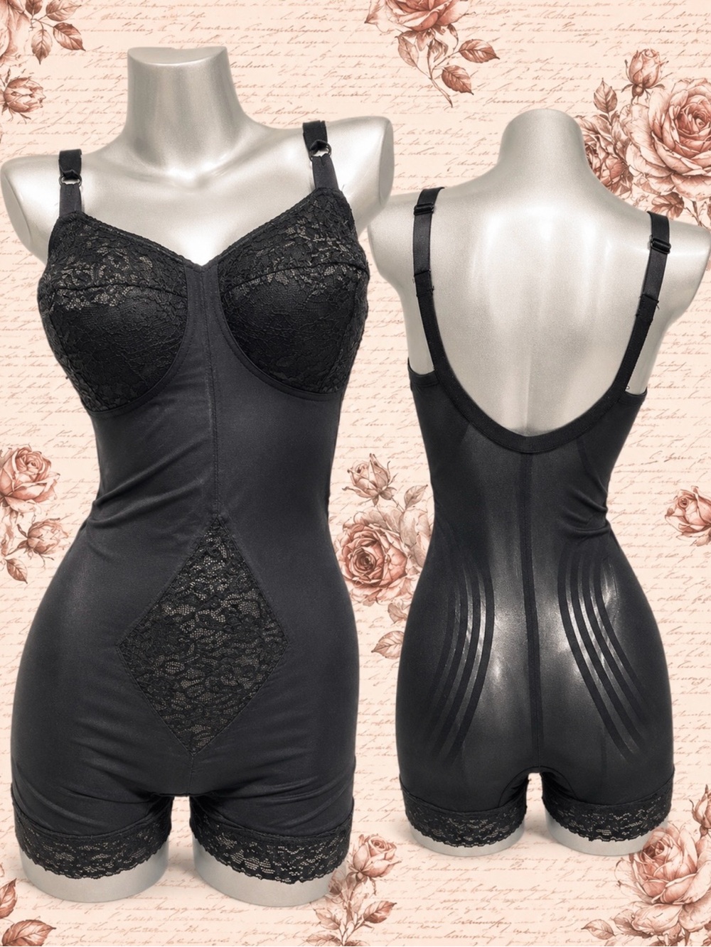 VINTAGE 80s shapewear bodysuit one piece girdle smooth lingerie black lace 36DD